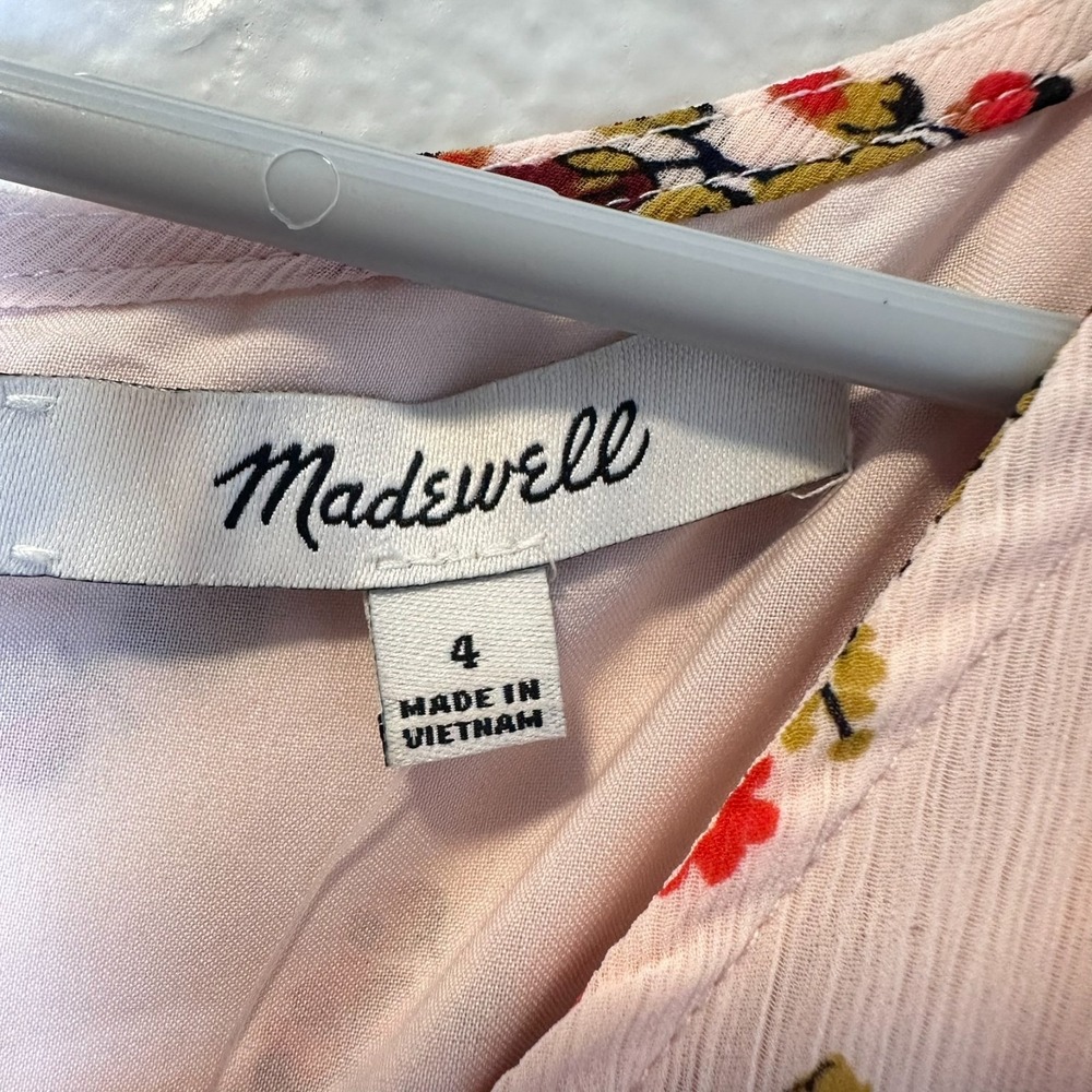 Madewell Sz-4 Midi Dress Tie Sleeve Ruffle Waist Countryside‎ Blooms Pink Floral - Picture 3 of 15